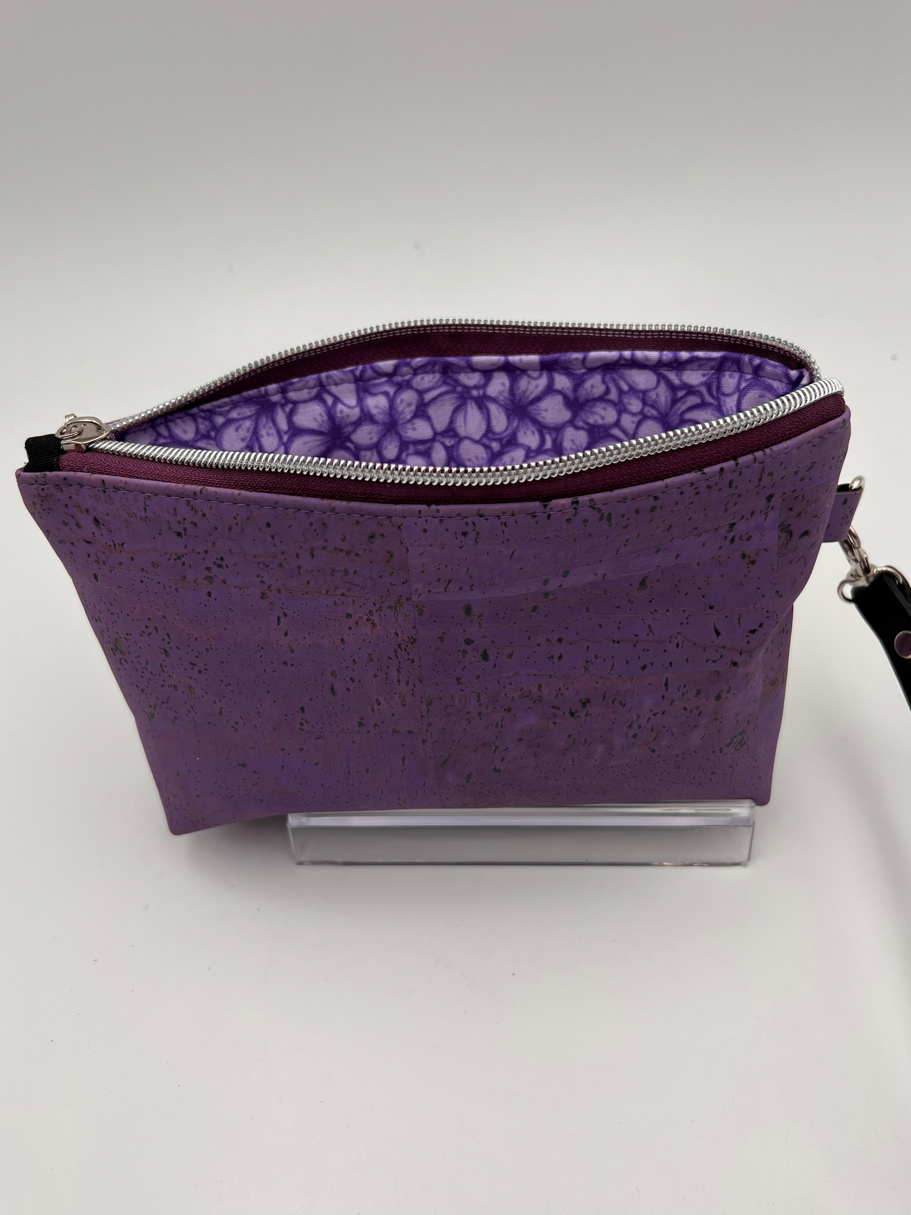 Zippy Clutch – Lavender Cork with Embroidered Flowers & Silver Accents