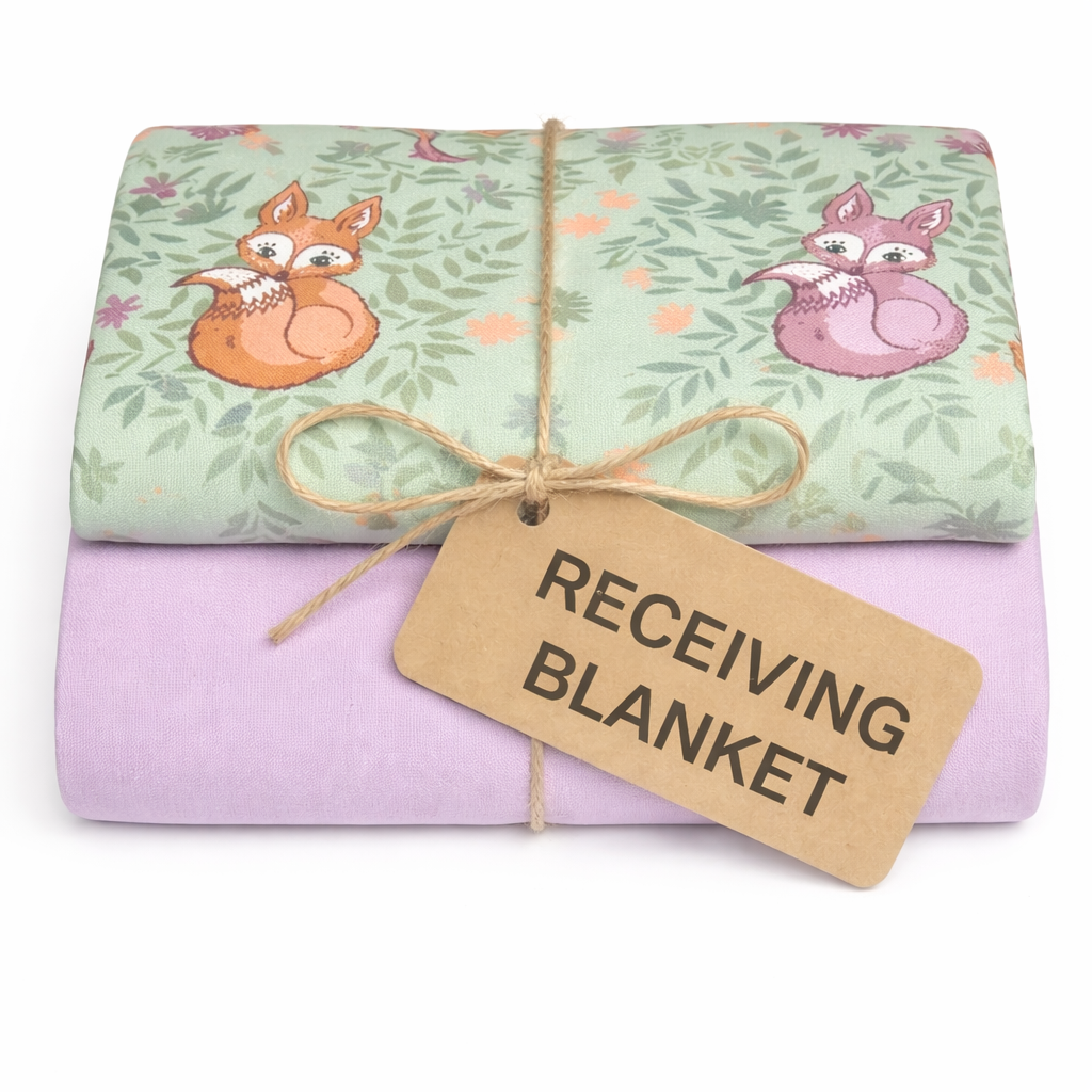 Flannel Receiving Blanket- Adorable Hello Fox by Art Gallery Fabrics with a soft matching Lilac backing