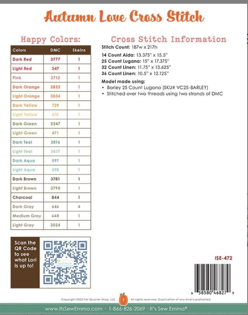 Autumn Love Cross Stitch by Lori Holt, published by It's Sew Emma ISE 472