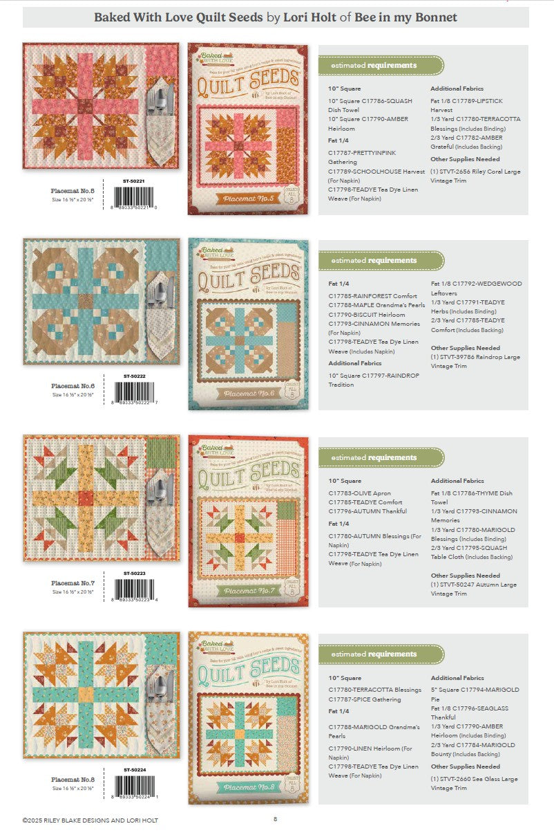 Baked With Love Quilt Seeds Full Set – 8 Pattern Bundle – Lori Holt for Riley Blake Designs – Preorder – Arriving July 2026