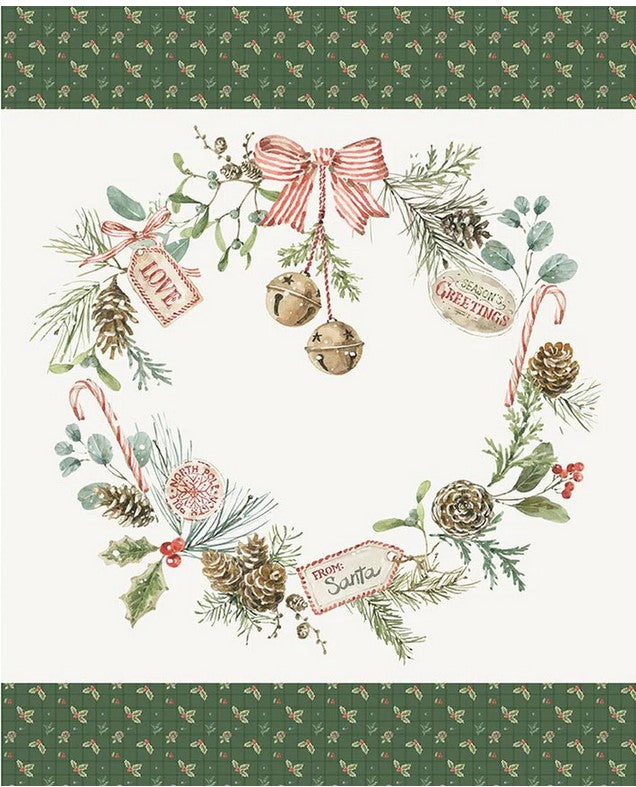 Preorder Holiday Spirit Season’s Greetings Wreath Panel PD17466-PANEL by Lisa Audit for Riley Blake Designs –35.5 x 43.5 – Ships in May 2026
