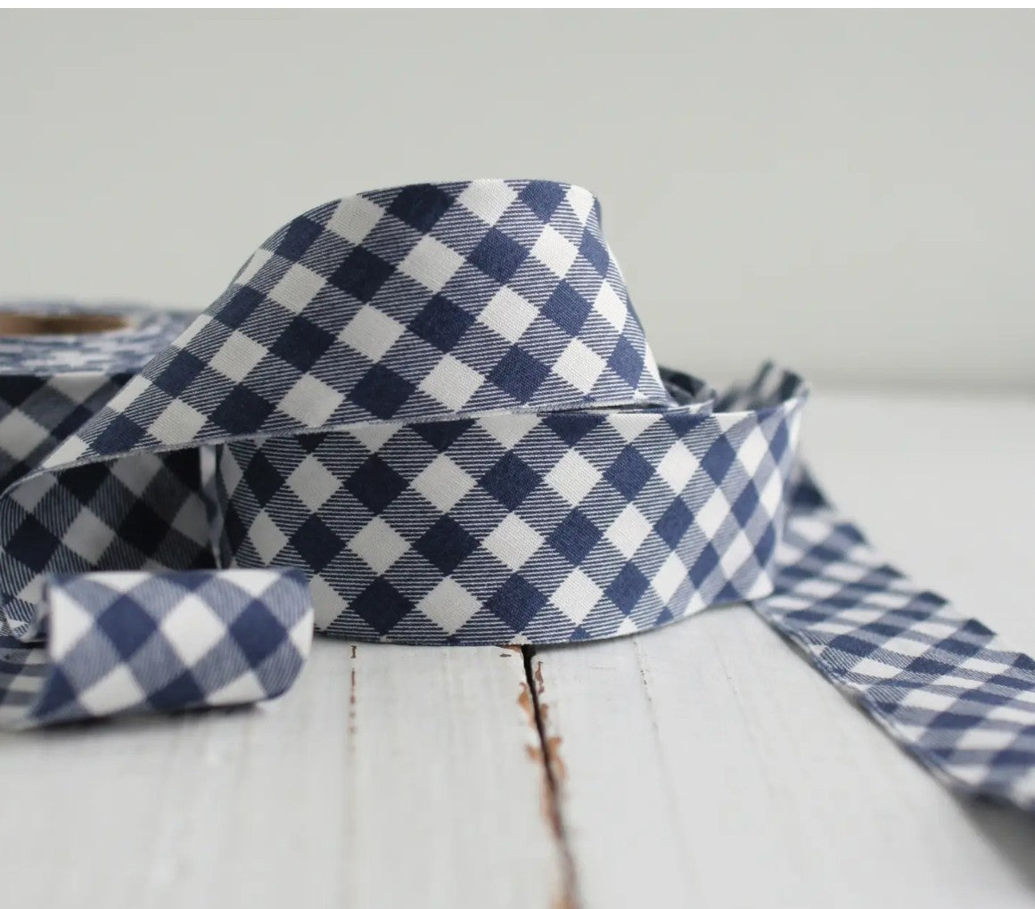 2.5” Bias Quilt Binding – Navy Gingham – Ready-Made Cotton Binding – Made in USA – Sold by the Yard