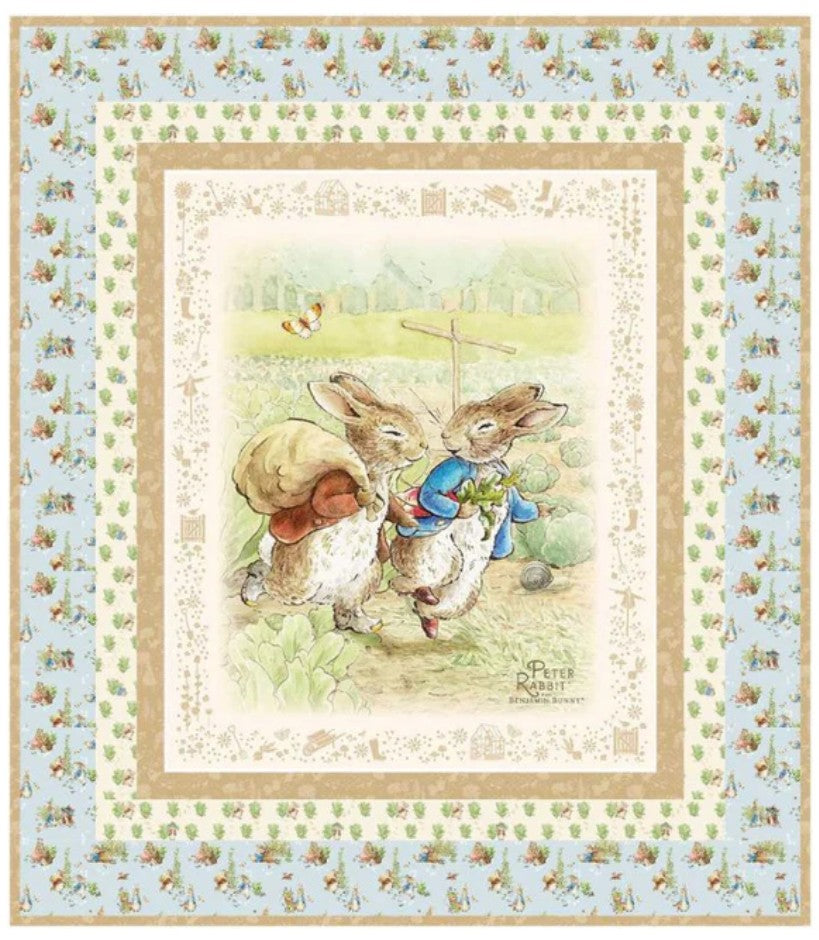 Peter Rabbit and Benjamin Bunny Panel Quilt Kit by Beatrix Potter- 57 1/2 by 57 1/2 Blue and Tan