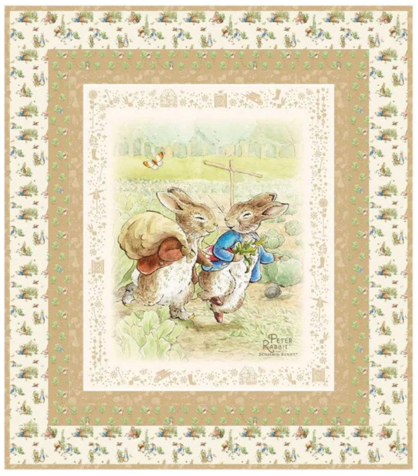 Peter Rabbit and Benjamin Bunny Panel Quilt Kit by Beatrix Potter- 57 1/2 by 57 1/2 Tan and Cream