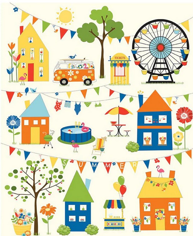 Summer’s In Town Panel –Ships March 2026 – Sandy Gervais for Riley Blake Designs – 35.5x 43.5