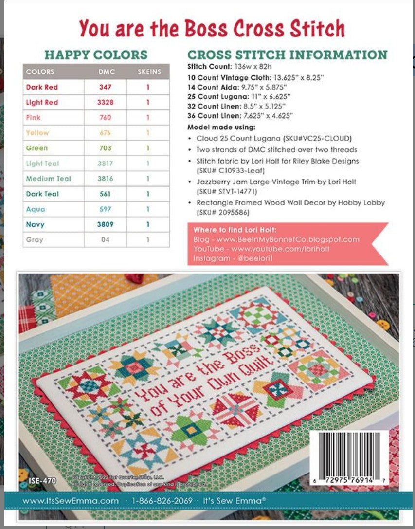 You are the Boss Cross Stitch - Lori Holt, published by It's Sew Emma ISE 470